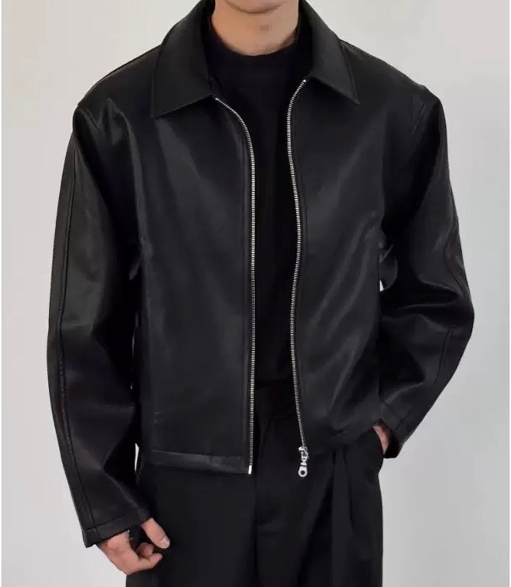Black solid leather jacket